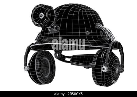 Schutzhelm oder Schutzkappe mit Taschenlampe und Ohrhörerschützer isoliert auf weißem Hintergrund. 3D-Renderkonzept von Schichten sichtbarer und unsichtbarer Linien Stockfoto