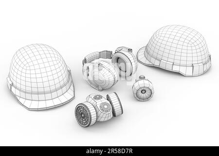 Schutzhelm oder Schutzkappe, Atemschutzmaske und Ohrhörerschützer isoliert auf weißem Hintergrund. das 3D-Renderkonzept besteht aus Schichten sichtbarer und unsichtbarer Linien Stockfoto