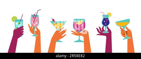 Moderne, flache Vorlage im Posterdesign für Sommerpartys. Farbenfroher Hintergrund mit Händen, die Cocktailgläser halten. Konzept und Webbanner zur Feier. Stock Vektor
