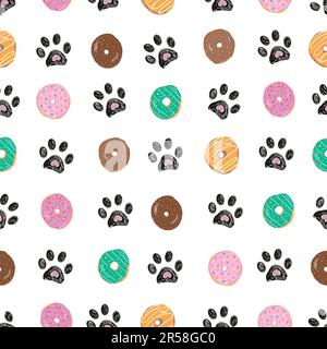 Bunte köstliche Donuts mit Pfotenabdrücken. Nahtloses Material für die Sommerzeit Stock Vektor