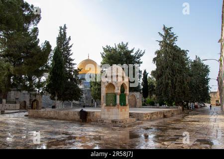 Blick vom Innenhof auf die Al-Aqsa-Moschee. Der Felsendom in der Altstadt von Jerusalem Stockfoto