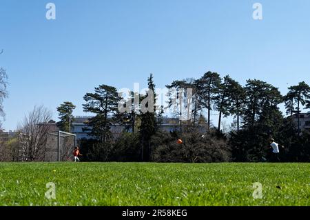 Zwei Kinder spielen Fußball im Alfred Bertrand Park. Der Junge tritt einen Fußball in Richtung Torwart. Stockfoto