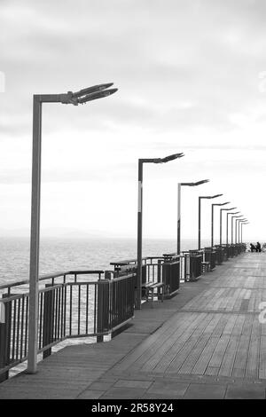 Wunderschöne Aussicht auf den Pier in der Nähe des Meeres im Freien, in Schwarz-Weiß-Tönen Stockfoto