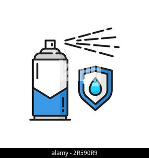 Wasserdichte Sprühflasche und isoliertes Umrisssymbol für widerstandsfähige Abschirmung. Strapazierfähiges wasserabweisendes Spray aus Vector-Textil. Wasserabweisendes Aerosol, Stoffguar Stock Vektor