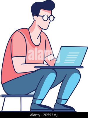 Ein Mann sitzt mit einem Laptop über Weiß Stock Vektor