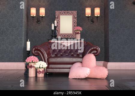 Zimmer im Vintage Valentines-Stil, rendering aus dem jahr 3D. Stockfoto