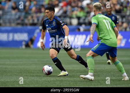 Seattle, WA, USA. 31. Mai 2023. San Jose Earthquakes Forward Cristian Espinoza (10) während des MLS-Fußballspiels zwischen San Jose Earthquake und dem Seattle Sounders FC im Lumen Field in Seattle, WA. Steve Faber/CSM/Alamy Live News Stockfoto