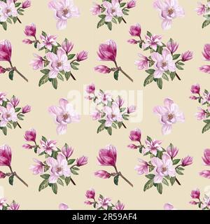 Nahtloses Muster mit Frühlingsblumen und Rosenblättern aus Magnolia, Blumenmuster für Tapetenhintergrund, Aquarell Stockfoto