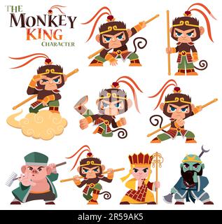 A dynamic and colorful cartoon-style illustration featuring the legendary Monkey King, in various action poses. Stock Vektor
