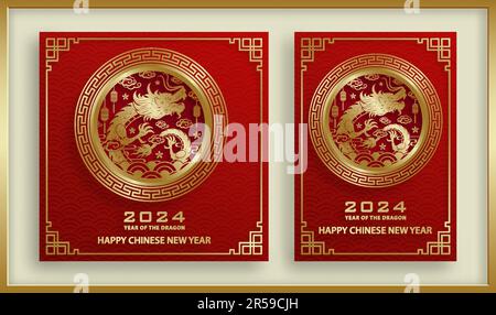 „Happy Chinese New Year 2024 Dragon Zodiac“-Schild mit goldener Papierschnitthöhe und Kunsthandwerk auf farbigem Hintergrund (Chinesische Übersetzung: Frohes neues Jahr 2024, Stock Vektor