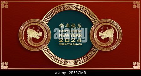 „Happy Chinese New Year 2024 Dragon Zodiac“-Schild mit goldener Papierschnitthöhe und Kunsthandwerk auf farbigem Hintergrund (Chinesische Übersetzung: Frohes neues Jahr 2024, Stock Vektor