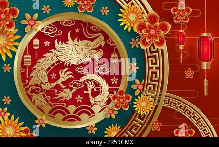 „Happy Chinese New Year 2024 Dragon Zodiac“-Schild mit goldener Papierschnitthöhe und Kunsthandwerk auf farbigem Hintergrund (Chinesische Übersetzung: Frohes neues Jahr 2024, Stock Vektor