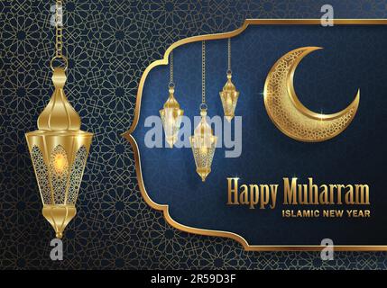 Happy Muharram, das islamische Neujahr, neues Hijri-Jahr-Design mit Goldmuster auf farbigem Hintergrund Stock Vektor