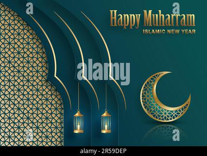 Happy Muharram, das islamische Neujahr, neues Hijri-Jahr-Design mit Goldmuster auf farbigem Hintergrund Stock Vektor
