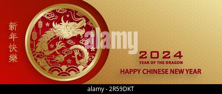 „Happy Chinese New Year 2024 Dragon Zodiac“-Schild mit goldener Papierschnitthöhe und Kunsthandwerk auf farbigem Hintergrund (Chinesische Übersetzung: Frohes neues Jahr 2024, Stock Vektor