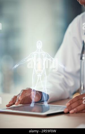 Tablet, digitales Hologramm und Arzthandschuhe für Anatomie, menschlichen Körper und futuristische Forschung im Jahre 3D. Technologie, holographische und medizinische Person in Stockfoto