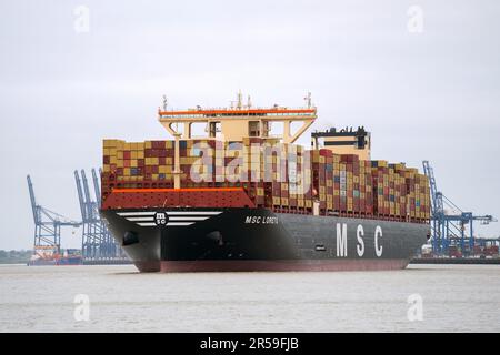 Das größte Frachtschiff der Welt MSC Loreto verlässt den Hafen von Felixstowe in Suffolk, nachdem ihr Mädchenruf nach Großbritannien kam. Das Schiff, das den Titel des größten der Welt mit seinem Schwesterschiff MSC Irina teilt, ist 400 Meter lang und kann mehr als 24.346 Container aufnehmen. Sie begann ihre Jungfernfahrt von Ningbo, China, am 19. April. Foto: Freitag, 2. Juni 2023. Stockfoto