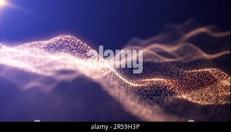 Abstrahieren gelber orangefarbener Energiewellen aus futuristischen Hightech-Partikeln mit leuchtendem Hintergrund. Stockfoto