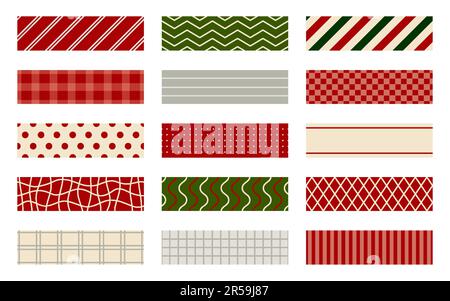 Washi Klebeband klebriges Band festliches Flachset. Rot Grün Pastelltöne festlich festlich nahtloses Design Papierrahmen dekorativer Aufkleber weihnachten Geschenk Dekoration Sammelalbum Artikel isoliert Stock Vektor