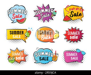 Bannervorlage für Sommerangebote. Rabattaufkleber Sale Set. Stock Vektor