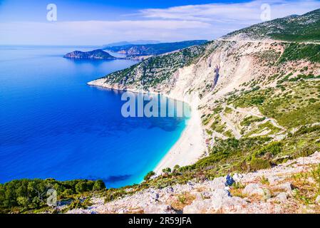 Kefalonia, Griechenland. Myrtos Beach - der schönste Strand der Insel und einer der schönsten Strände Europas, Ionische Inseln - Cephalonia. Stockfoto