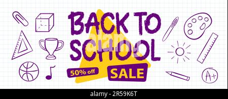 Back-to-School-Sale-Banner. Kariertes Blatt Papier. Zeichentrickfilm. Vektordarstellung Stock Vektor