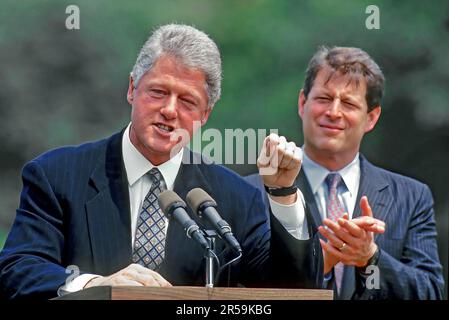 WASHINGTON DC - 10. AUGUST 1993President William Jefferson Clinton und Vizepräsident Albert Gore Jr. sprechen vor der Menge, die sich auf dem South Lawn des Weißen Hauses versammelt hat, um die Unterzeichnung des Haushaltsdefizitgesetzes zu erleben. Clinton unterzeichnete das Omnibus Budget Reconciliation Act von 1993, das den Kongress ohne eine einzige republikanische Stimme verabschiedete. Sie erhöhte die Steuern auf die wohlhabendsten 1,2% der Steuerzahler, während sie die Steuern auf 15 Millionen einkommensschwache Familien senkte: Mark Reinstein/MediaPunch Stockfoto