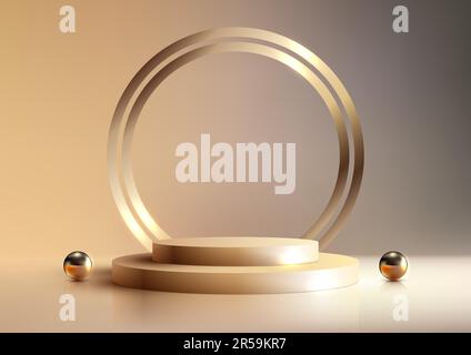 3D realistisches, leeres goldenes Podium mit goldenen runden Hintergrunddekorationen mit goldenen Kugeln auf goldenem Hintergrund und Beleuchtung in modernem Luxus-Stil. Sie können verwenden Stock Vektor