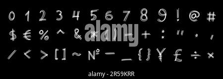 Einfache schwarze, spezielle mathematische und andere Symbole und Zeichen sind von 0 bis 9. Vektordarstellung im handgezeichneten Kritzelstil isoliert auf weißem Hintergrund Stock Vektor