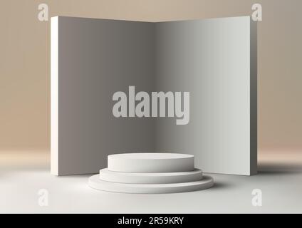 3D realistische, leere Gruppe weißer Plattformschritte mit Hintergrund auf grauem Hintergrund. Sie können für Präsentationsmodelle zur Produktdarstellung verwenden, b Stock Vektor