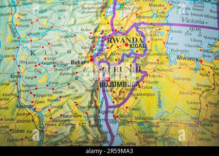 Atlas-Karte von Ruanda und Burundi Stockfoto