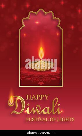 Glückliche Diwali-Vektordarstellung. Festliche Diwali- und Deepawali-Karte. Das indische Festival der Lichter auf farbigem Hintergrund Stock Vektor