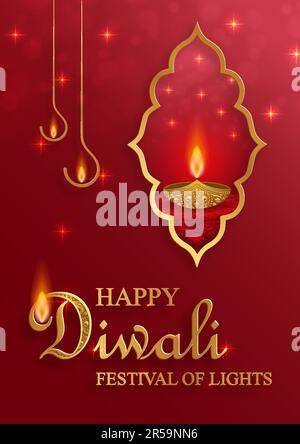 Diya-Lampe mit Feuerlicht für Diwali, Deepavali oder Dipavali, das indische Festival der Lichter auf farbigem Hintergrund Stock Vektor