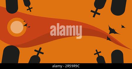 Hintergrund der horizontalen halloween-Weihnachtskarte. Mond und rote Wolken, symmetrische Gräber auf dem Friedhof, Fledermäuse am Himmel. Vektordarstellung der flachen Konstruktion. Stock Vektor