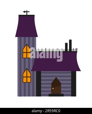 Kleines Schloss, Haus mit Turm. Viktorianischer Stil, helle Fenster. Vektordarstellung der flachen Konstruktion. Lila. Stock Vektor