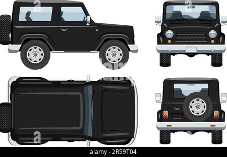 Schwarze Vektorvorlage für SUV-Fahrzeuge mit einfachen Farben ohne Verläufe und Effekte. Ansicht von der Seite, von der Vorderseite, von der Rückseite und von oben Stock Vektor
