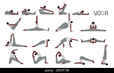 Vector Flat Illustration Kollektion mit weiblicher Erwachsenenfigur, die Yoga macht. Eine afroamerikanische Frau lernt sitzen und die Körperhaltung strecken. Set mit grundlegenden Stock Vektor