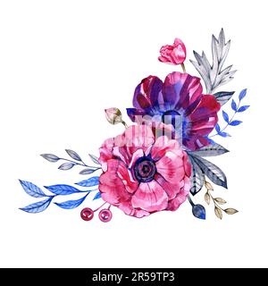 Anemone. Handbemalte Blumenelemente. Aquarelle botanische Darstellung von Eukalyptus, Tulpe, Pfingstrose, Rose, Anemonblüten und Blättern Stockfoto