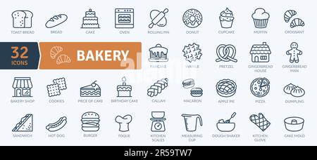 Bakery Icons Pack. Symbole für dünne Linien festgelegt. Einfache Vektorsymbole Stock Vektor