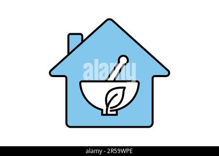 Symbol für pflanzliche Medizin. Blätter im Haus. Symbol verwandt mit Kräutermedizin Haus, gesundes Haus. Zweifarbiges Icon-Design. Einfache Vektorkonstruktion editierbar Stock Vektor