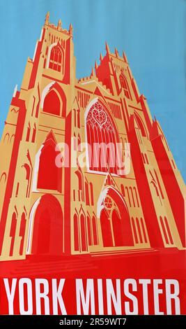 Stilisierte rote und orangefarbene Grafik der gotischen Westfassade des York Minster, Deangate, York, YO1 7HH, dargestellt als kühnes Tourismus-Kunstwerk in York, England Stockfoto