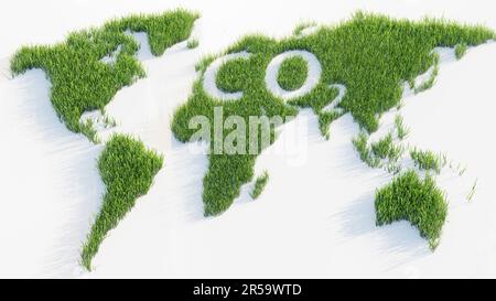 CO2-Emissionen und Treibhausgasemissionen Konzept des CO2-Fußabdrucks, Grasplanet Erde 3D Illustration Stockfoto