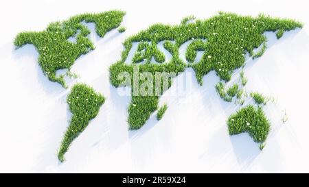 ESG-Konzept von Umwelt, Soziales und Governance aus grünem Gras, globale Karte, 3D Illustration Stockfoto