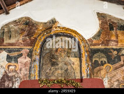 Fresken in der Post-Byzantinischen Kirche von Panayia Mouzeviki (Ayios Minas, Jungfrau Maria Mouzeviki), Kastorien, Westmazedonien, Griechenland Stockfoto