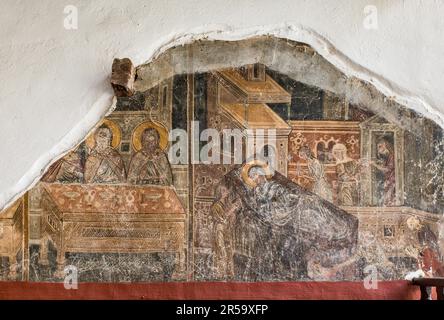 Fresken in der Post-Byzantinischen Kirche von Panayia Mouzeviki (Ayios Minas, Jungfrau Maria Mouzeviki), Kastorien, Westmazedonien, Griechenland Stockfoto