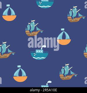 Piraten Sea Flat Vector Nahtloses Muster. Segelkulisse. Anker, Karte, Kompass, Fernglas, Flasche mit Rum und Lenkrad auf weißem Hintergrund Stock Vektor