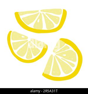 Gelbes Stück Zitrone. Handgezogene Zitrusfrüchte, isoliert auf weißem Hintergrund. Köstliches Obst ist ein Symbol für Sommer, gesunde Ernährung, natürliche Nahrung. Stock Vektor
