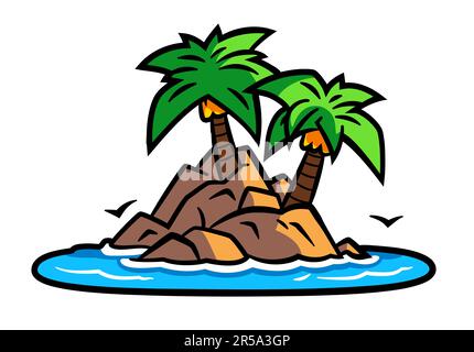 Palme auf dem Insel-Emblem. Zwei Palmen auf einem Felseninsel-Schild. Stock Vektor