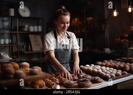 Eine fröhliche, reife Bäckerin, lächelt in die Kamera und Stockfoto