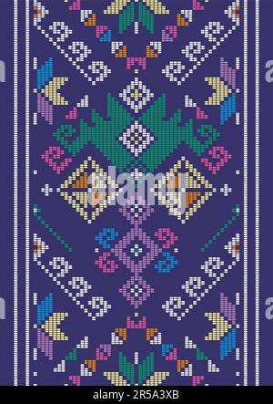 Von Yakan inspiriertes Vektormuster, langes vertikales folkloristisches Textil- oder Stoffdesign aus den Philippinen mit geometrischen Formen auf Lila Stock Vektor